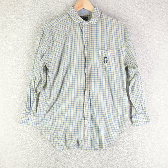 Psycho Bunny Shirt Mens 2 Medium Yellow Blue Button Up Long Sleeve - Picture 1 of 9